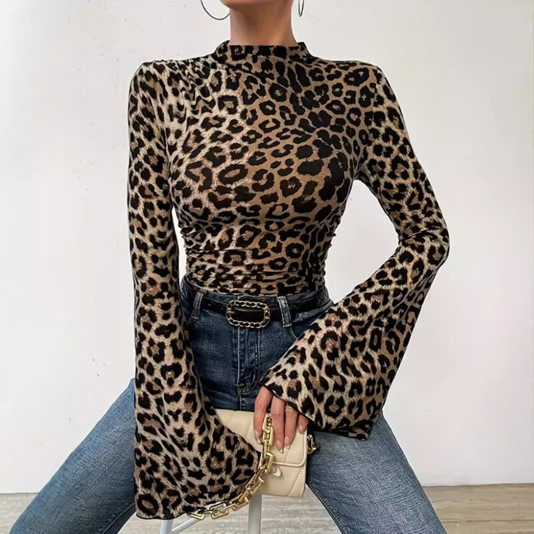 Women's Leopard Print O-Neck Flare Sleeve Blouse for Autumn