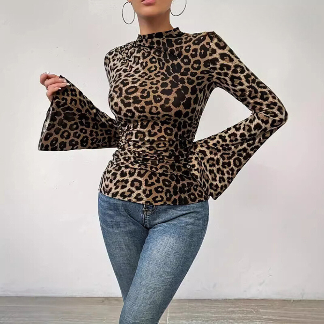 Women's Leopard Print O-Neck Flare Sleeve Blouse for Autumn