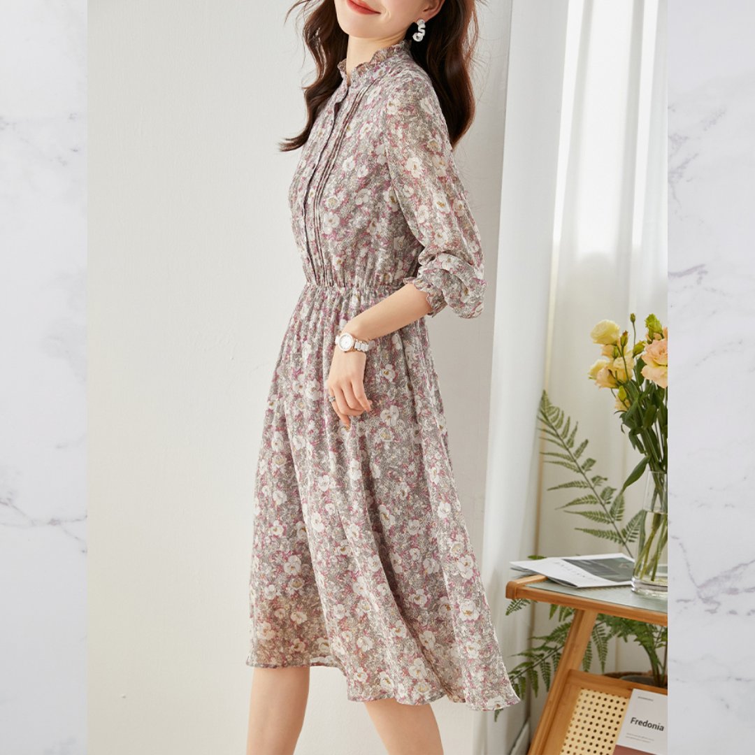 Ivyshape | Women'S Vintage Floral Print Chiffon Dress With Ruffled Collar