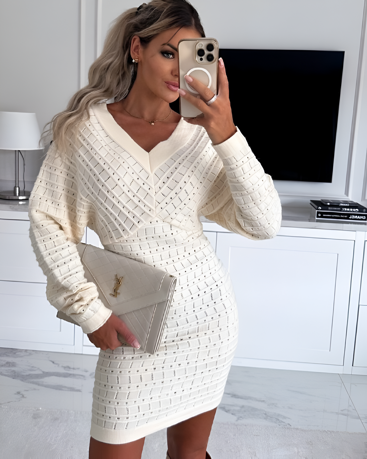 Ivyshape | Knitted V-Neck Long Sleeve Dress