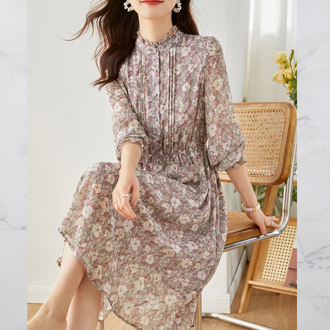 Ivyshape | Women'S Vintage Floral Print Chiffon Dress With Ruffled Collar