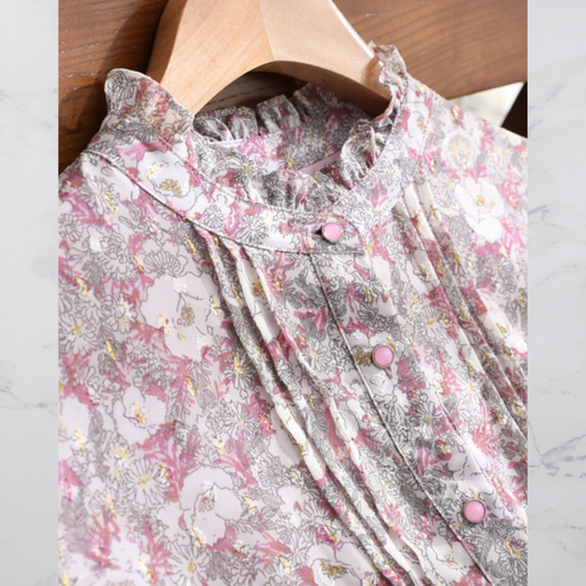 Ivyshape | Women'S Vintage Floral Print Chiffon Dress With Ruffled Collar