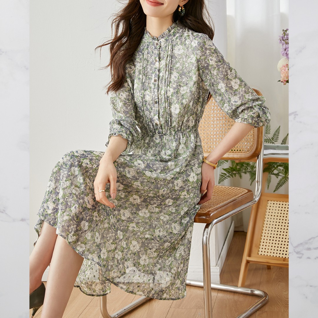 Ivyshape | Women'S Vintage Floral Print Chiffon Dress With Ruffled Collar