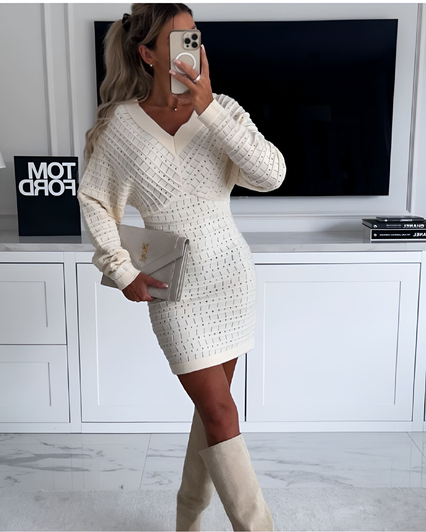 Ivyshape | Knitted V-Neck Long Sleeve Dress