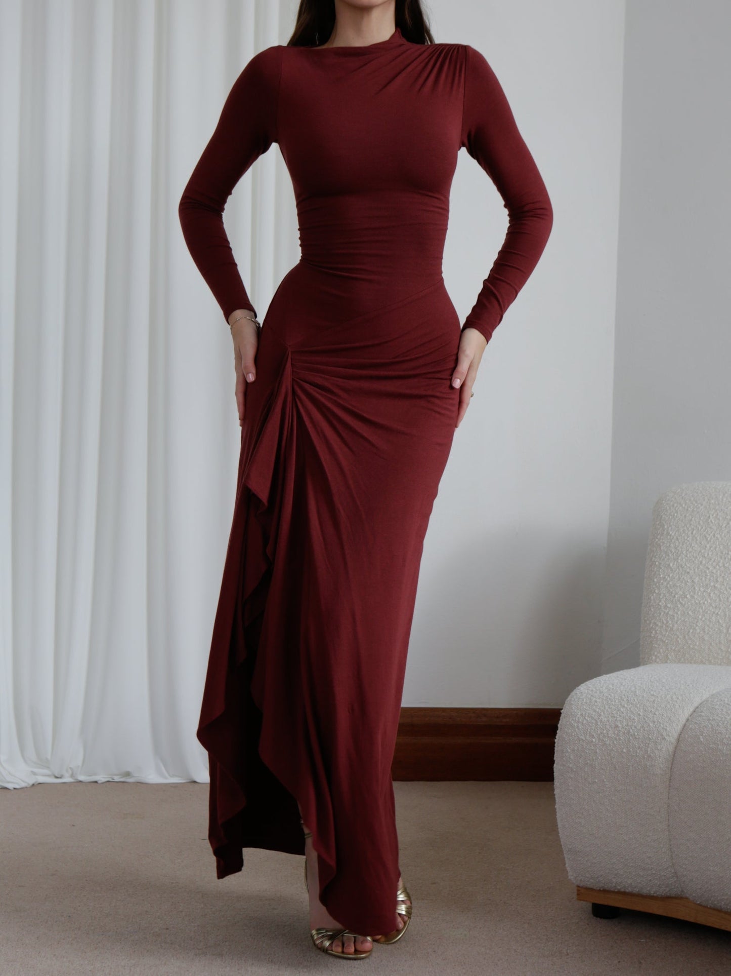 Ivyshape | Ruched Long Sleeve Evening Gown