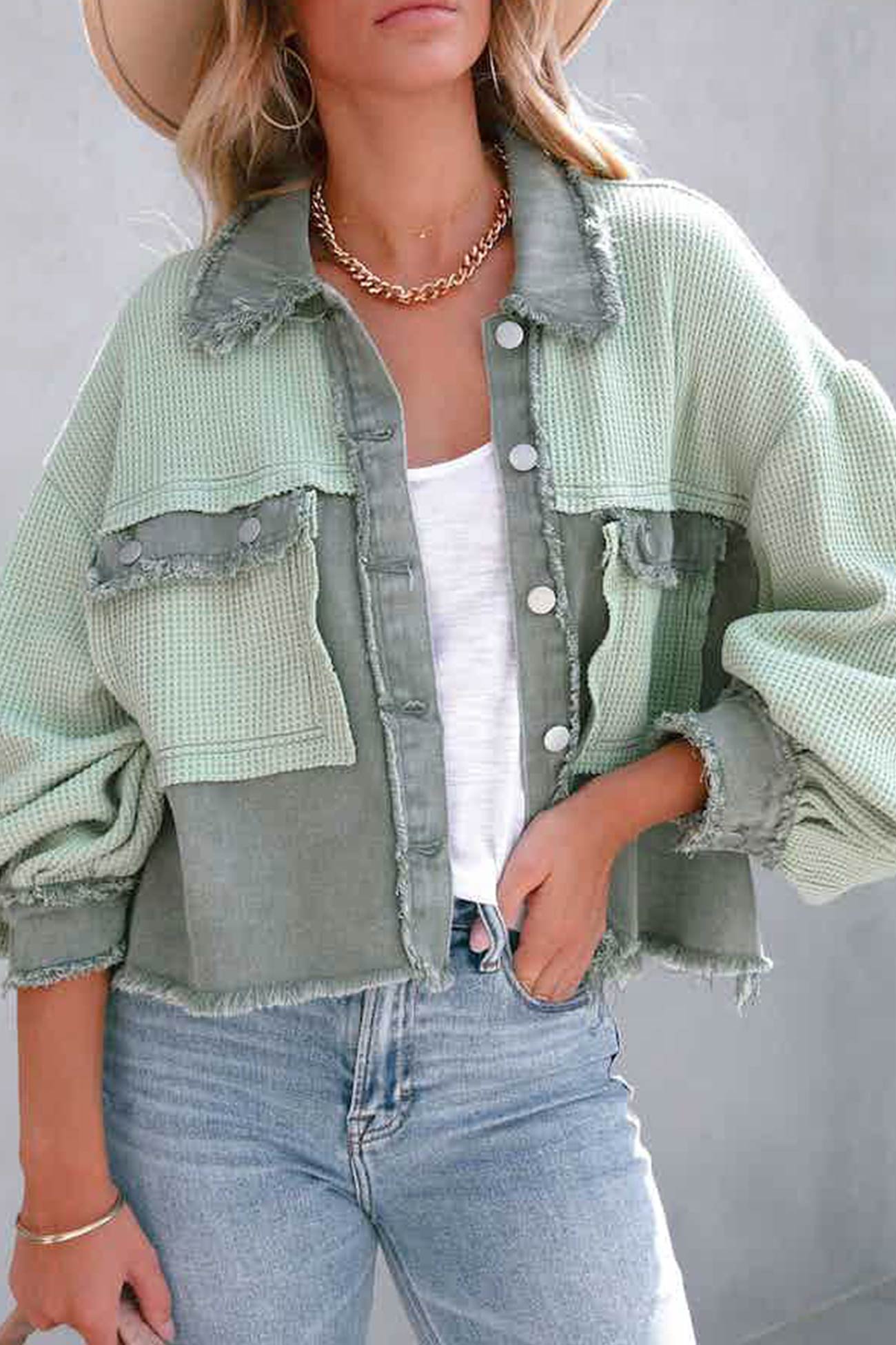 Ivyshape | Waffle Patchwork Denim Jacket