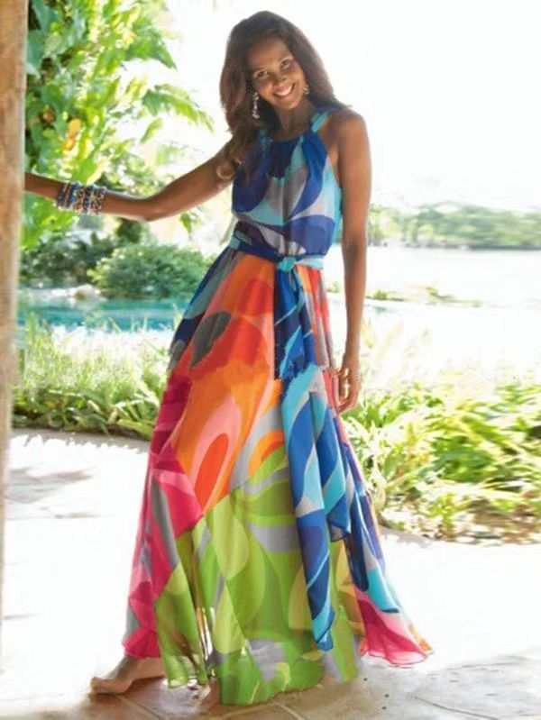 Floral-Print Straps Cross Neck Sleeveless Beach Maxi Dress