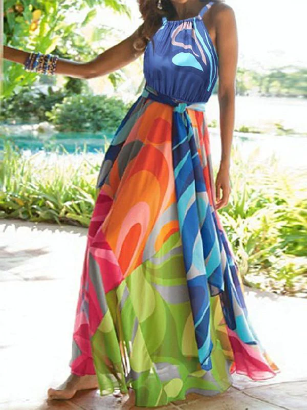 Floral-Print Straps Cross Neck Sleeveless Beach Maxi Dress