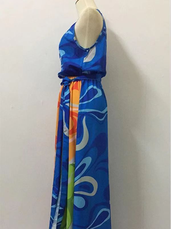 Floral-Print Straps Cross Neck Sleeveless Beach Maxi Dress