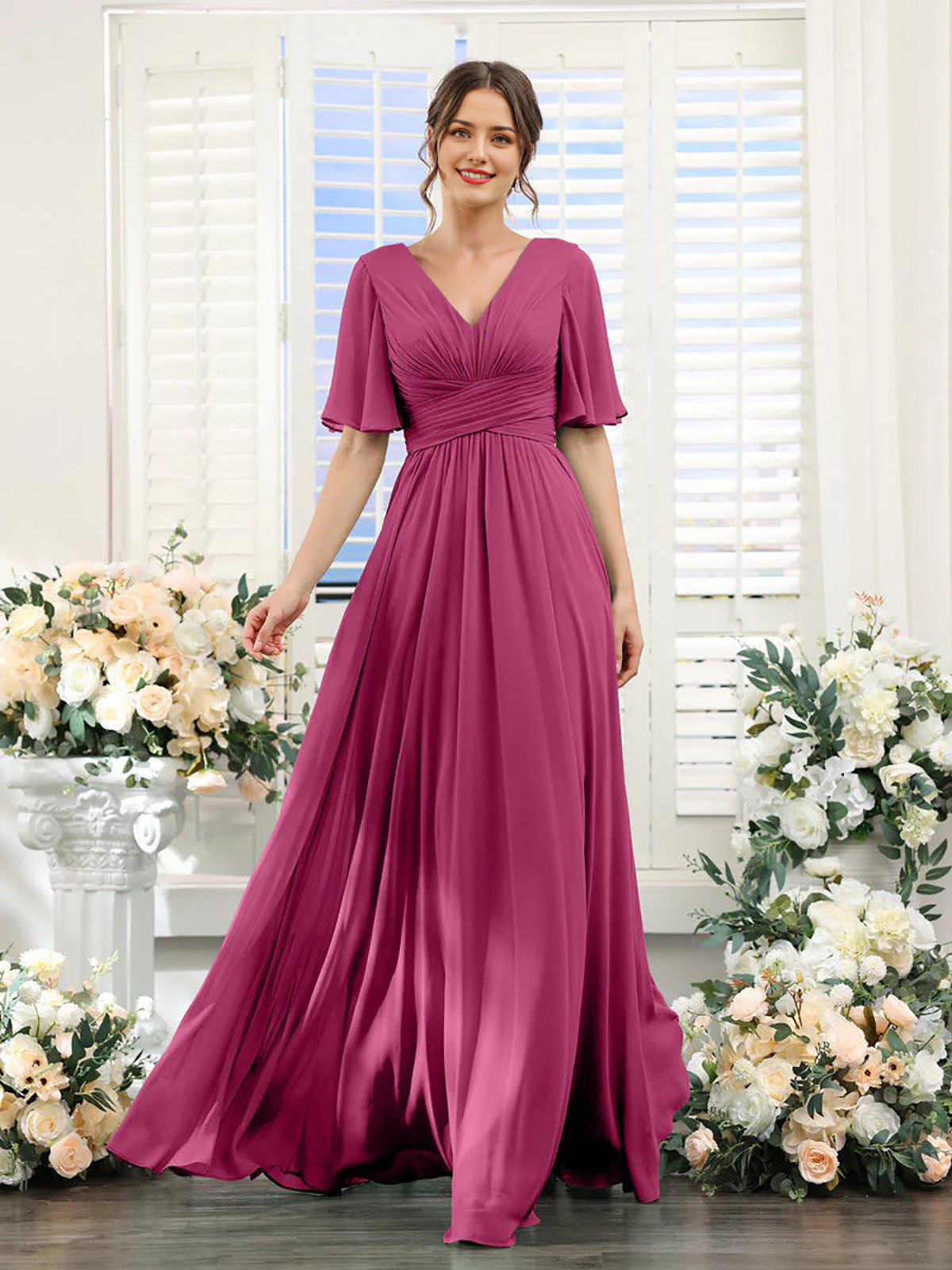Ivyshape | Dress Flowing V-Neck Chiffon Dress for Ladies