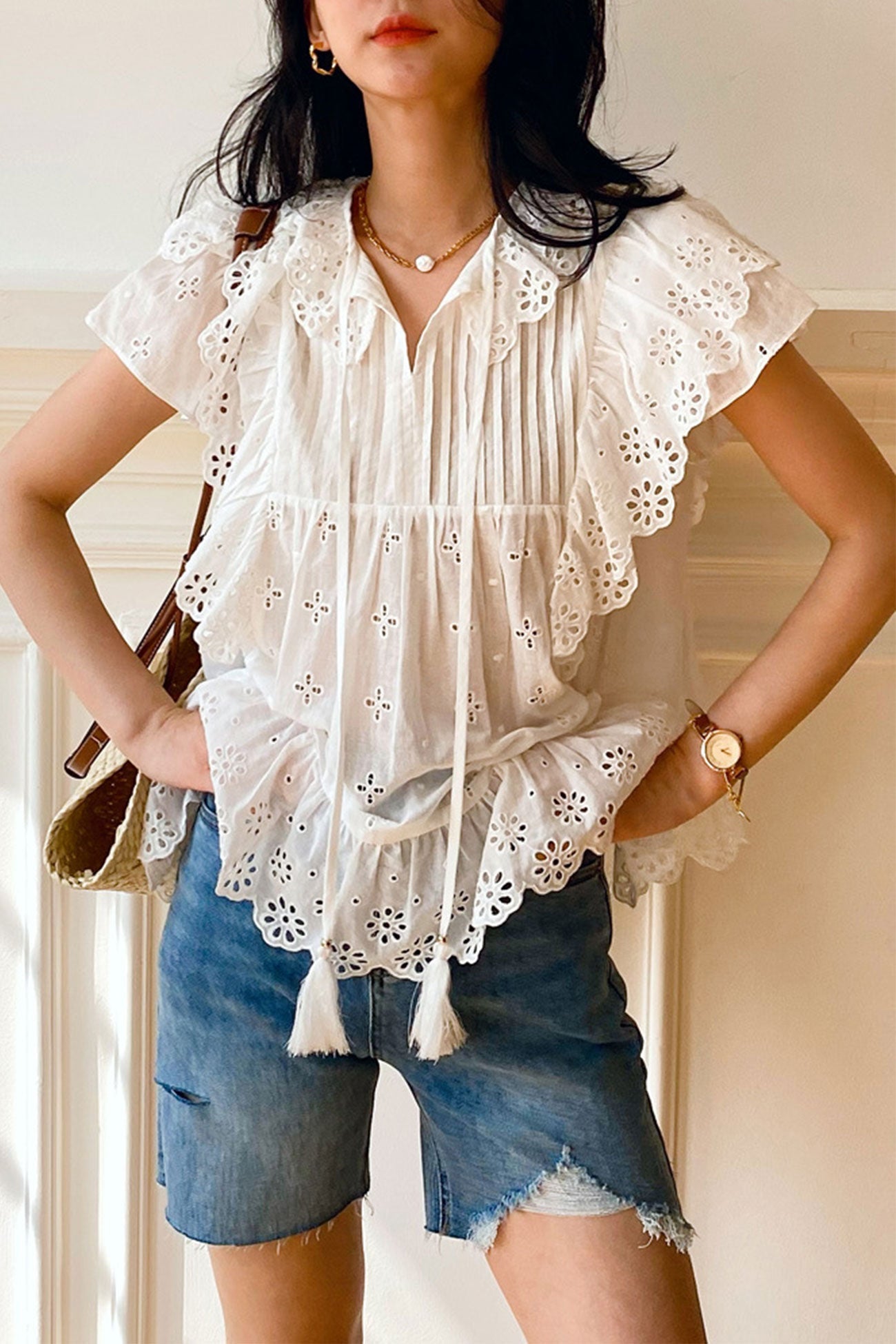 Embroidered Lace Ruffles Sleeve Top