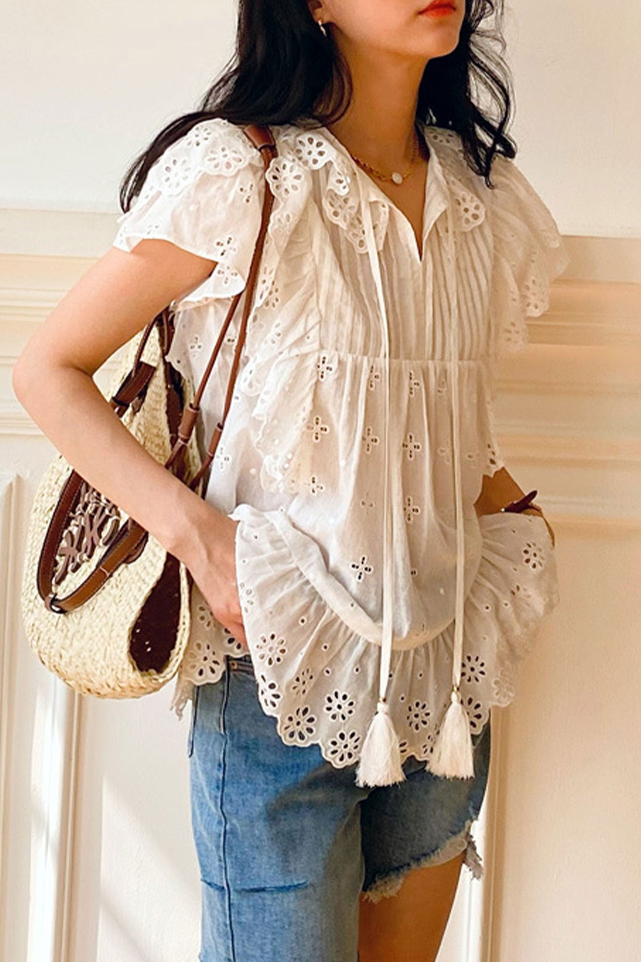 Embroidered Lace Ruffles Sleeve Top