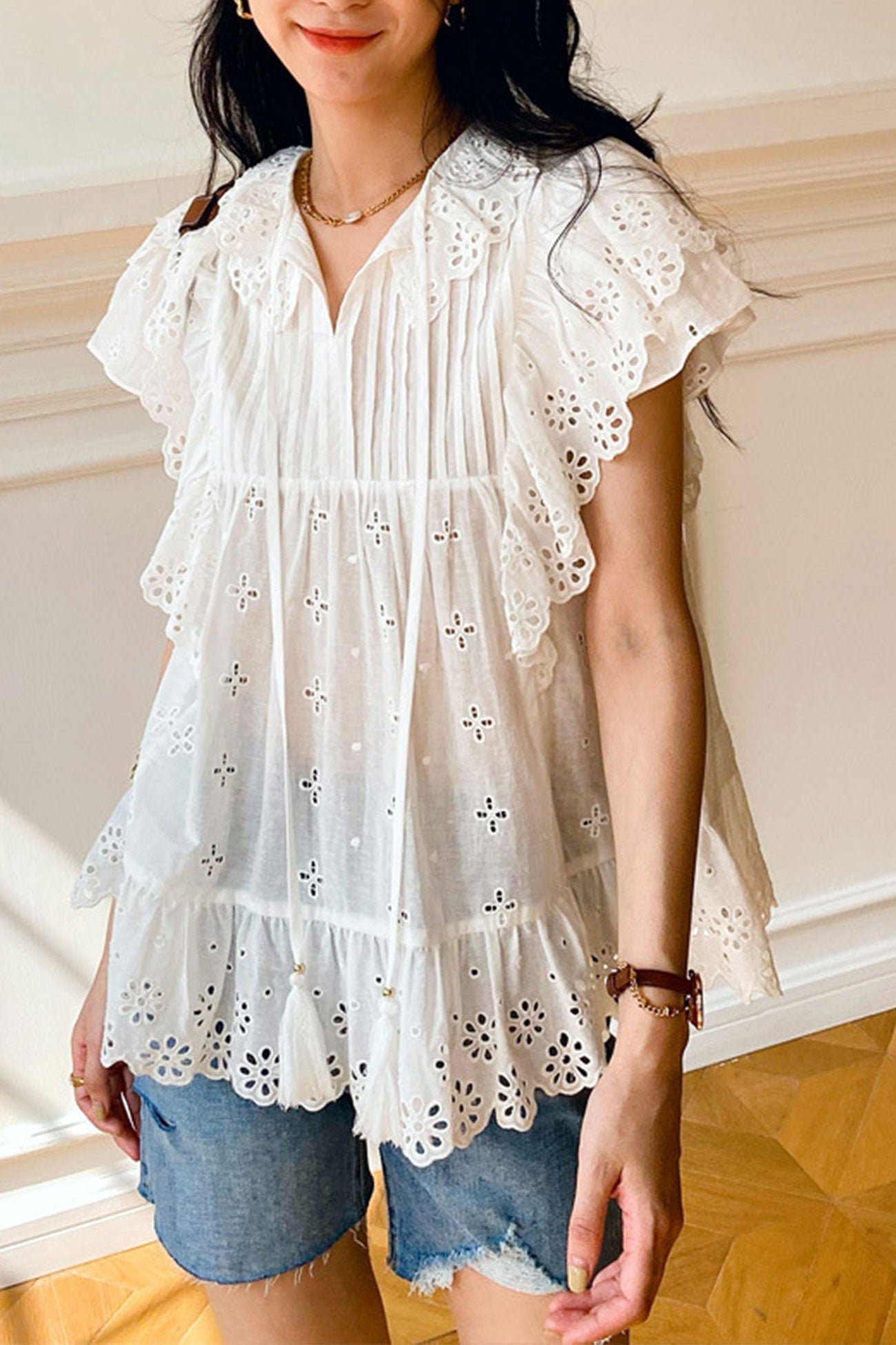 Embroidered Lace Ruffles Sleeve Top