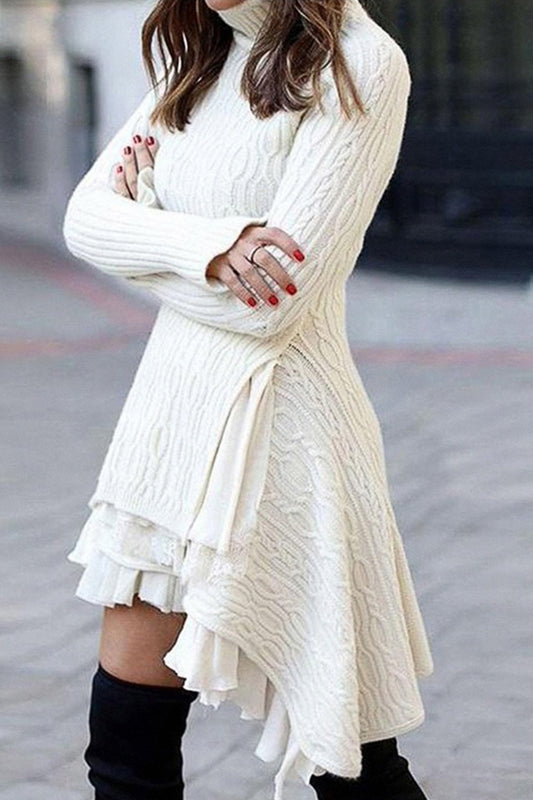 Turtleneck Cable Knit Ruffled Mini Dress