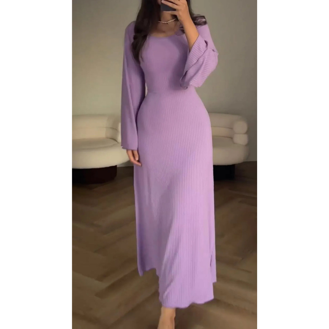 Ivyshape | Women's Plain Elegant Maxi Dress Long Sleeves