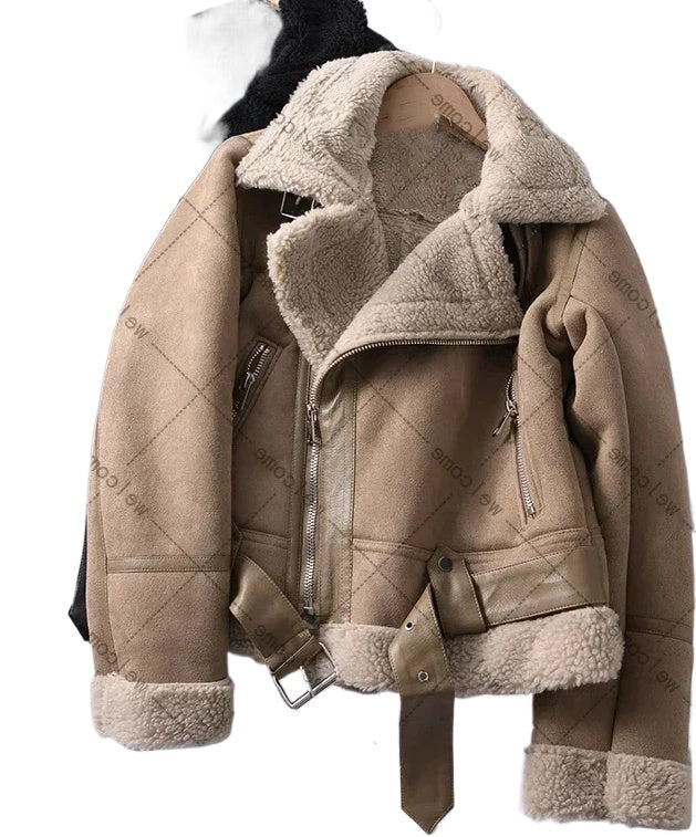 Ivyshape | Women's Winter Suede Jacket Faux Shearling, Thick, Warm Motorcycle Coat