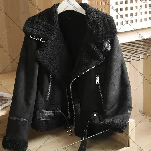 Ivyshape | Women's Winter Suede Jacket Faux Shearling, Thick, Warm Motorcycle Coat