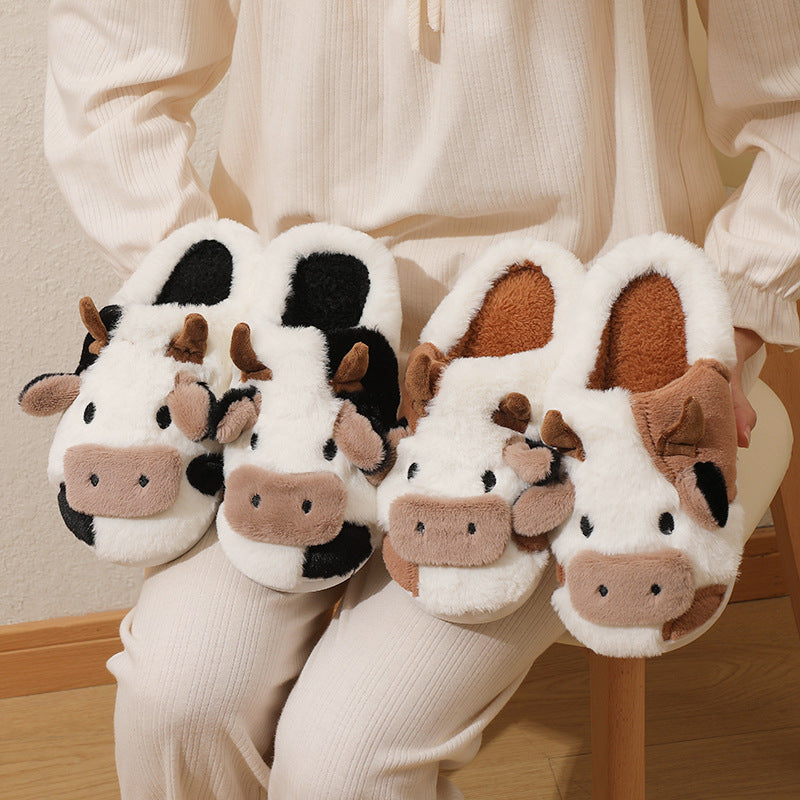 Women's Winter Warm Cartoon Cow Print Indoor Slippers