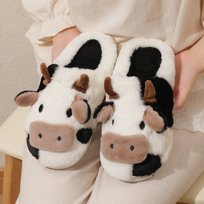 Women's Winter Warm Cartoon Cow Print Indoor Slippers