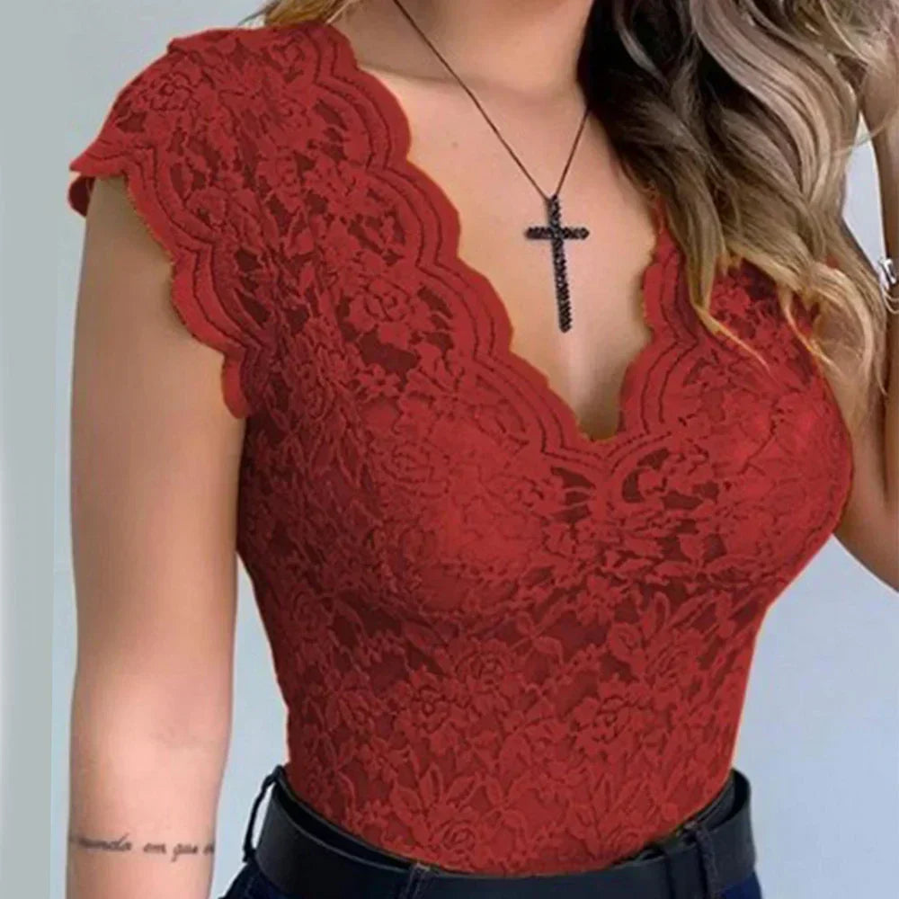 Ivyshape | V-Neck Lace Top Elegance Redefined