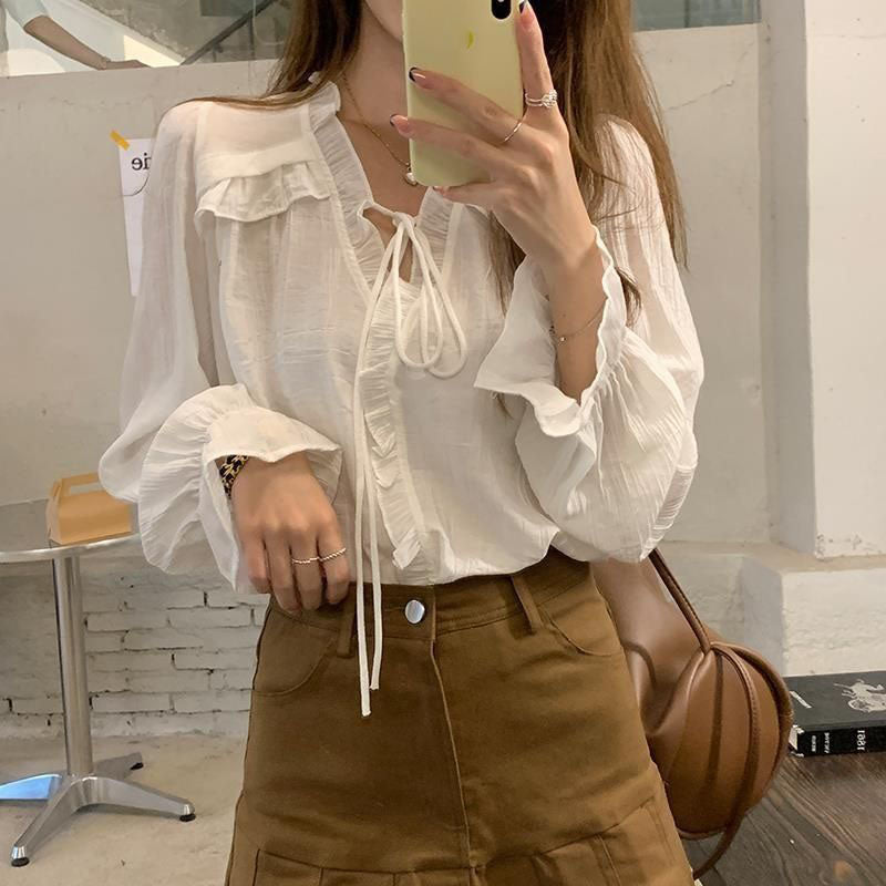 Ruffled V-Neck Lace-Up Chiffon Blouse