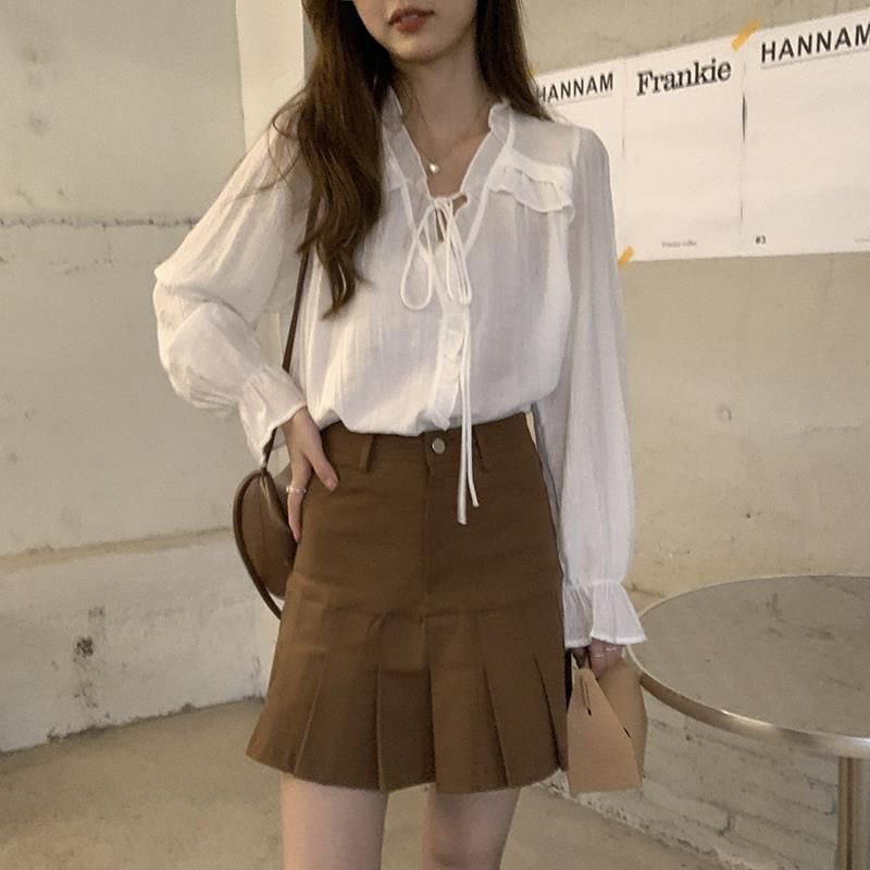 Ruffled V-Neck Lace-Up Chiffon Blouse