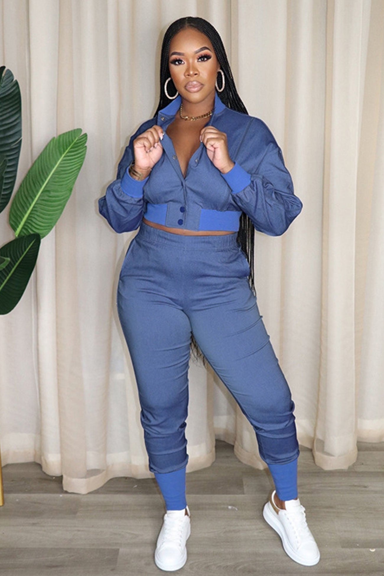 Cutout Denim Jacket Pants Suits