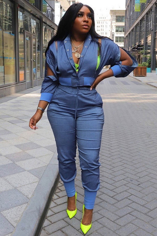 Cutout Denim Jacket Pants Suits