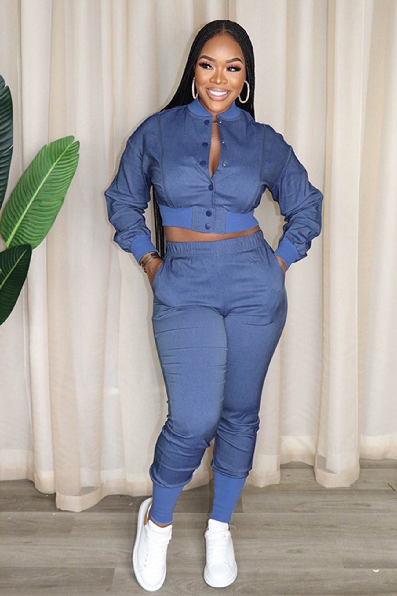 Cutout Denim Jacket Pants Suits