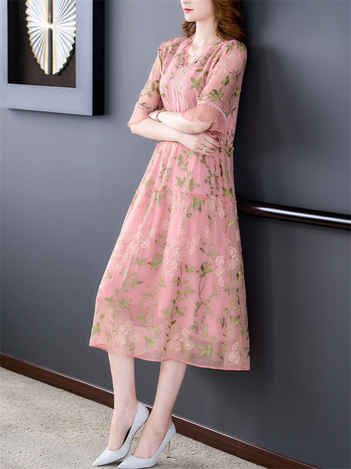 Female Comfortable Dandelion Embroidered Midi Dress