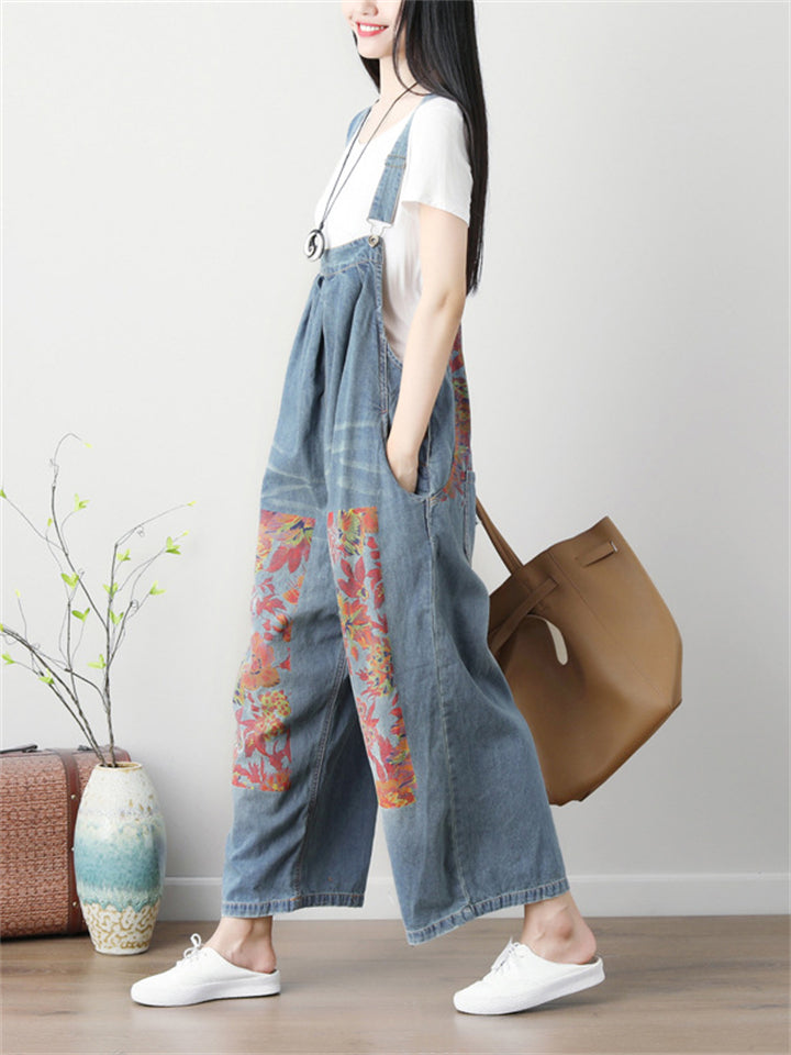 Fashion Loose Printed Denim Jumpsuits