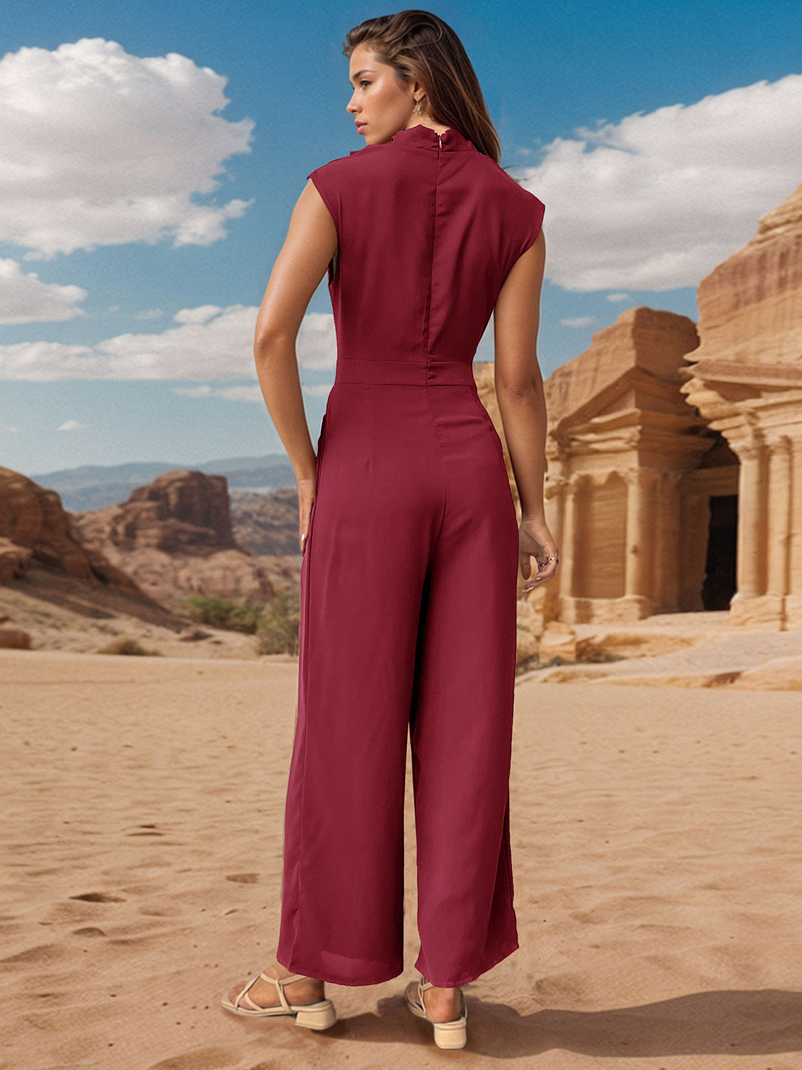 Ivyshape | Ruched Mock Neck Sleeveless Jumpsuit