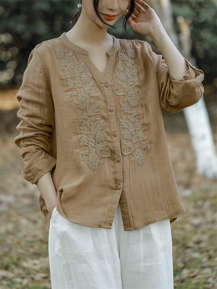 V-Neck Button Up Long Sleeve Embroidery Linen Shirt for Women