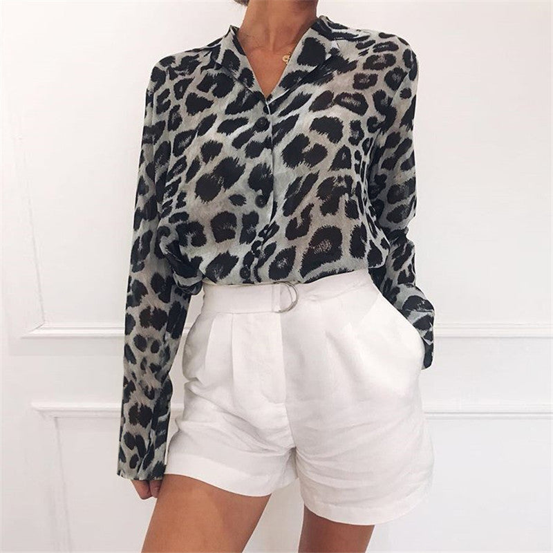 Ivyshape | Stylish Long Sleeve Leopard Print Blouse with Lapel Collar