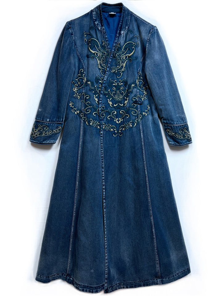 Ladies Vintage Embroidery V-Neck Side Slit Denim Dress