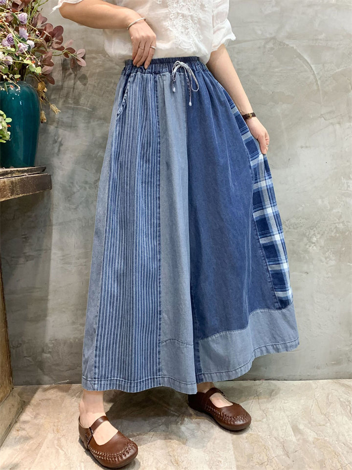 Stylish Plaid Patchwork Drawstring Wide-Leg Jeans