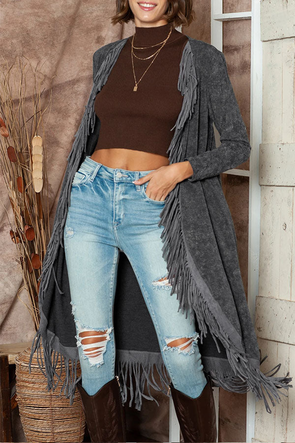 Ivyshape | Washed Tassel Open Front Long Cardigan