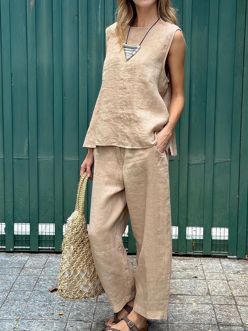 Ivyshape | Women's Tank and Casual Pants Linen Cotton Suit