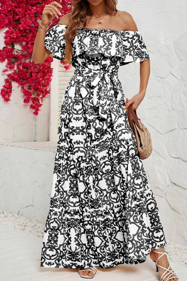 Ivyshape | Shoulder Short-Sleeved Printed Ruffled Maxi Dress