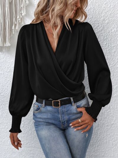 Ivyshape | V-Neck Elegant Plain Blouse with Balloon Sleeves