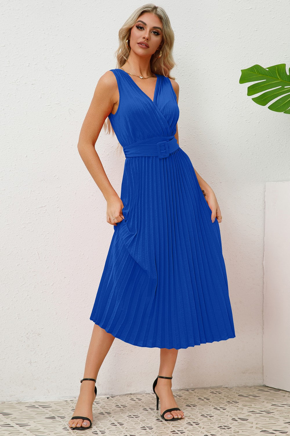 Ivyshape | Surplice Sleeveless Midi Pleated Dress