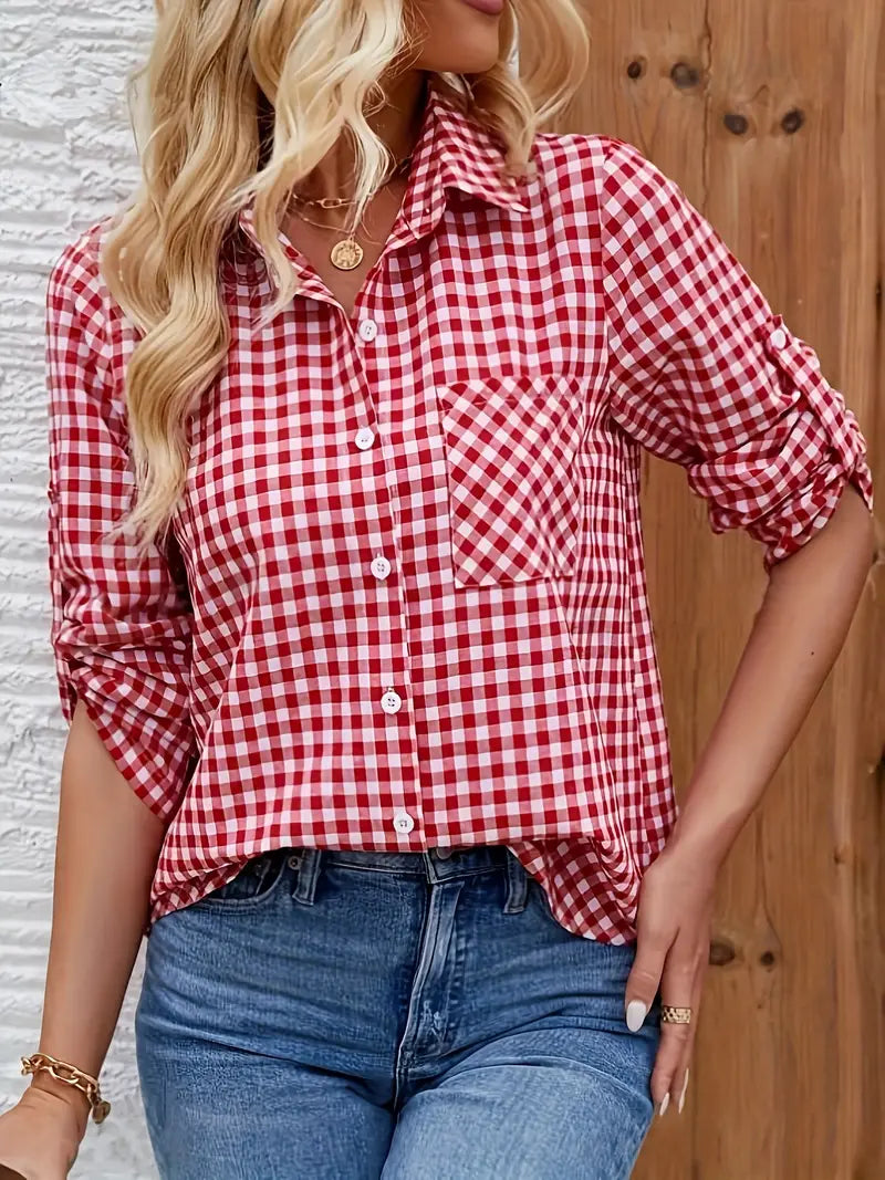 Ivyshape | Women's Chic Checkered Shirt Red