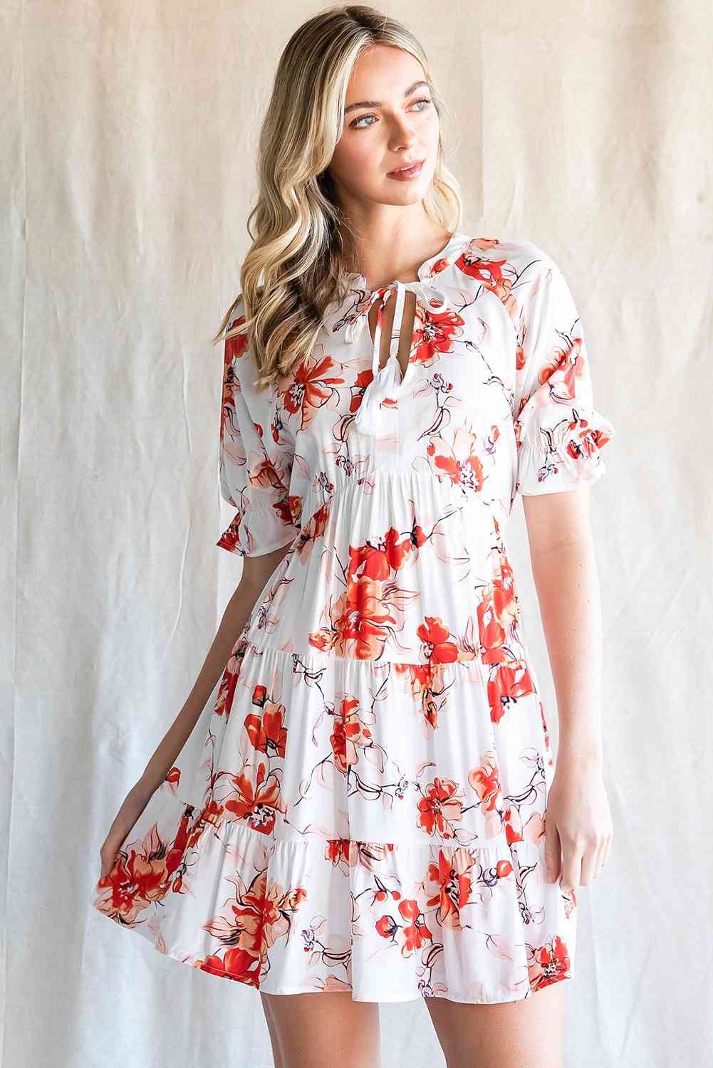 Floral Tie Neck Flounce Sleeve Tiered Mini Dress