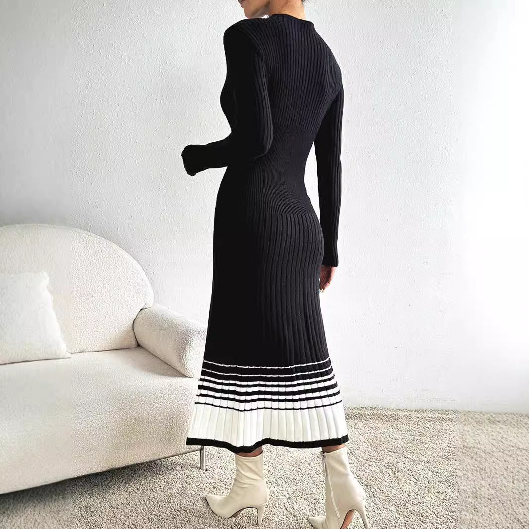 Ivyshape | Woolen Skirt Dress with Black and White Stripes