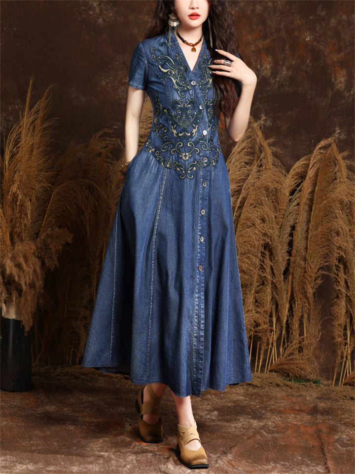 Ladies Elegant V Neck Hand-Embroidered Button Pleated Dress