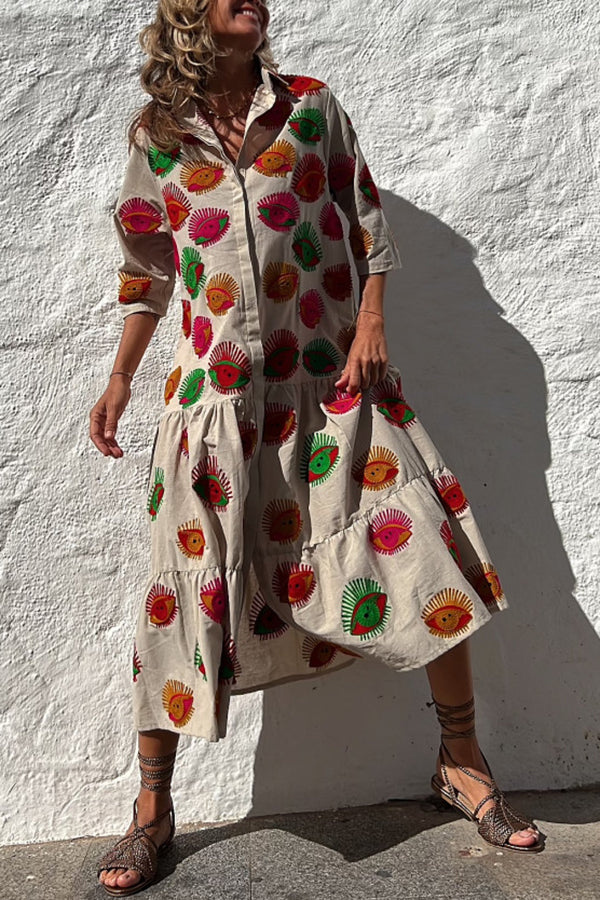 Ivyshape | Me To Cabo Ethnic Unique Print Button Loose Shirt Midi Dress