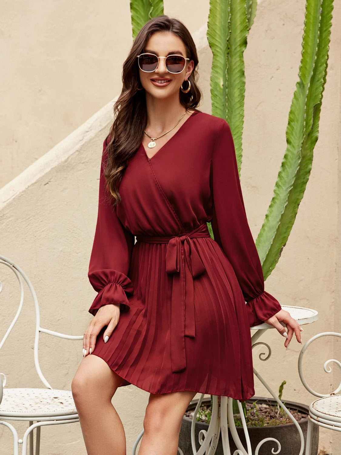 Ivyshape | Surplice Flounce Sleeve Pleated Mini Dress