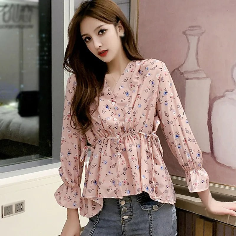 Sweet Floral V-Neck Chiffon Blouse for Women