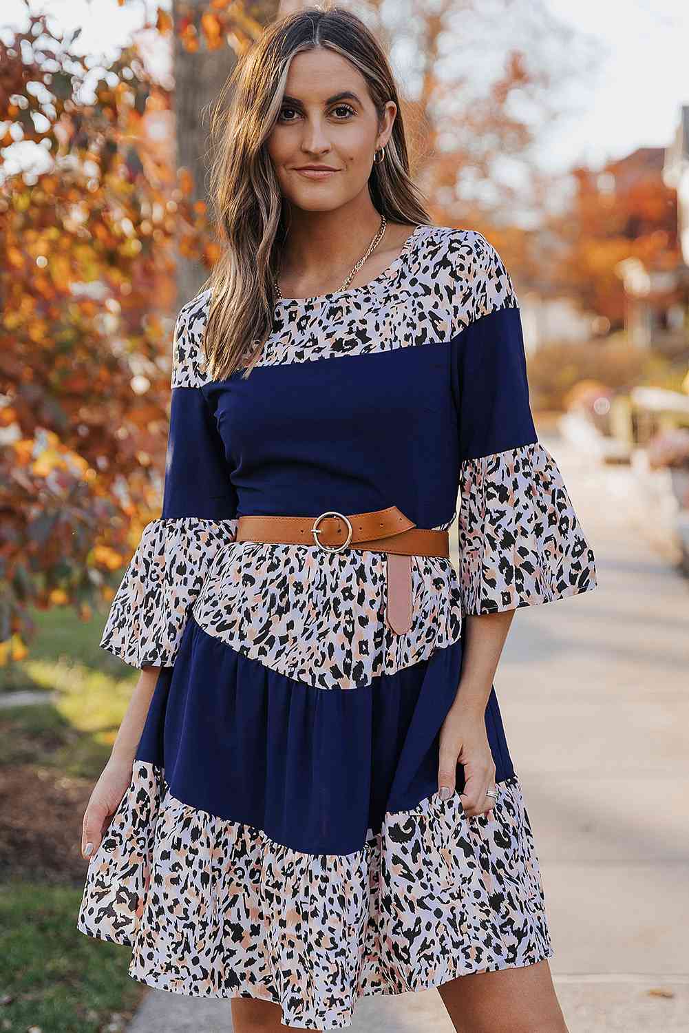 Animal Print Color Block Flare Sleeve Dress