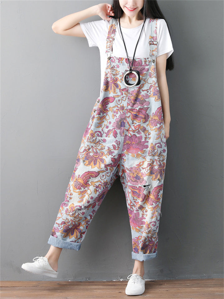 Floral Printed Ripped Denim Jumpsuits